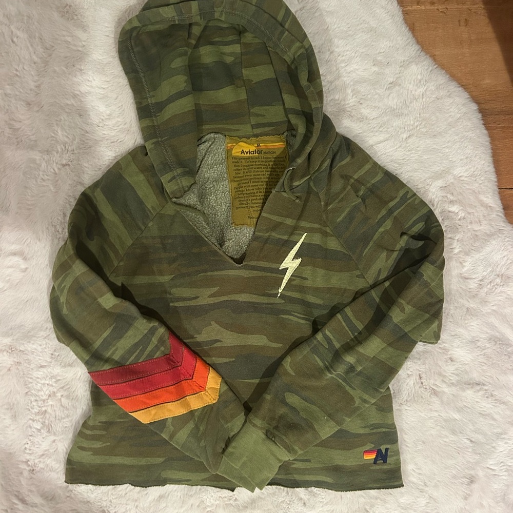 Aviator Nation Camo Hoodie with Rainbow Chevron Sleeve